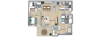 a3 floor plan with bedrooms and baths and a living room with a dining room