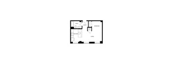A floor plan of a living space with a kitchen, bathroom, and bedroom.