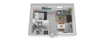 A top down view of a small apartment with a kitchen, living room, and bathroom.