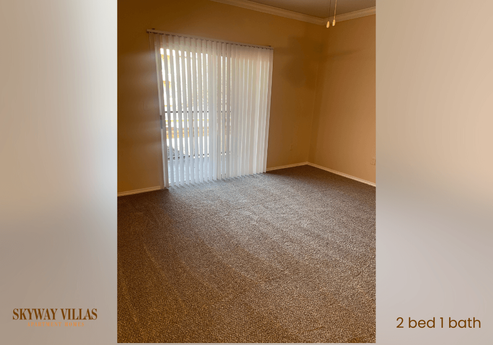 an empty living room with a window and a carpeted floor