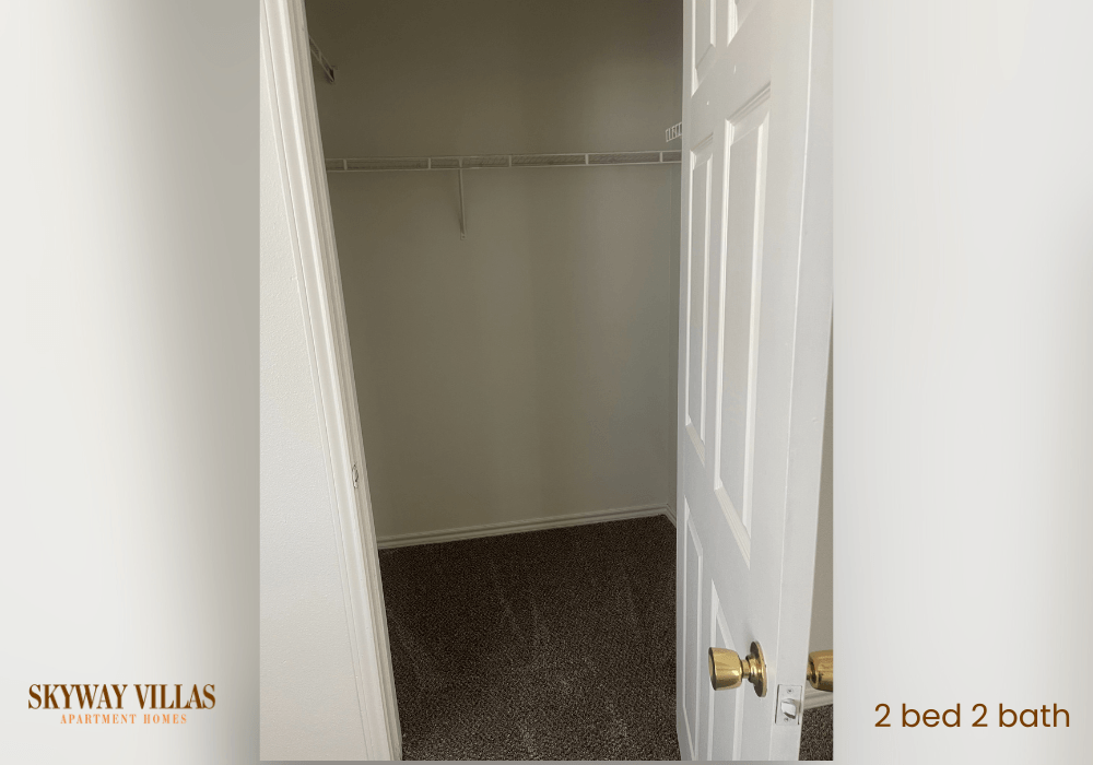 a walk in closet in a bathroom with a door open