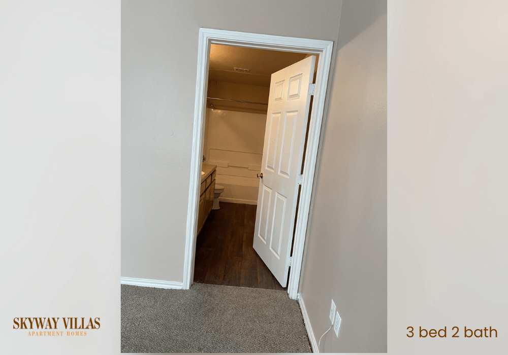 a bedroom with a door open to a closet and a hallway to a bathroom