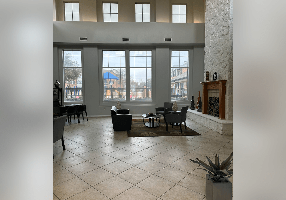 a view of the living room from the lobby of a building