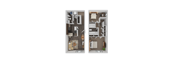 Two floor plans of a house with a kitchen, living room, and bedrooms.