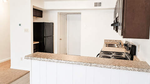 A kitchen with a black fridge and stove top oven.