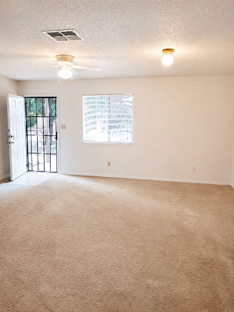 A room with a carpeted floor and a ceiling fan.