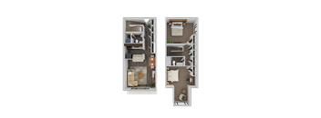 A floor plan of a two-bedroom apartment with a living room, kitchen, and bathroom.