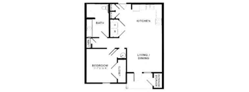 A floor plan of a small apartment with a living room, dining room, kitchen, and bathroom.