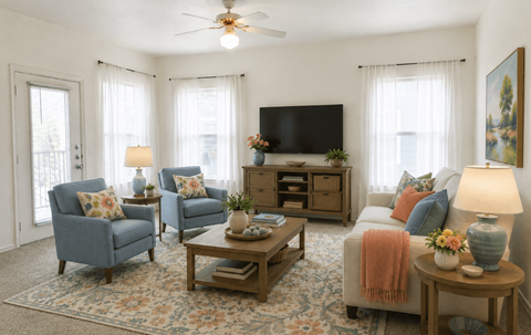 A living room with a television, two chairs, a sofa, and a coffee table.