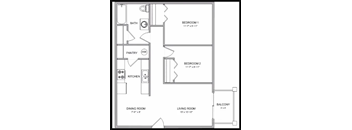 A black and white image of a floor plan for a small apartment.