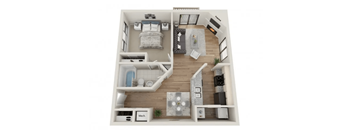 a stylized floor plan with a bedroom and a living room