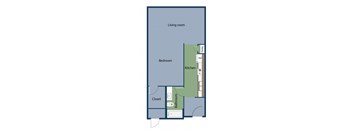 A floor plan of a small apartment with a living room, bedroom, kitchen, bathroom, and closet.