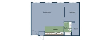 A floor plan of a small apartment with a living room, kitchen, bathroom, and bedroom.