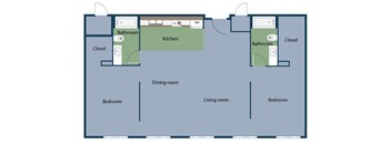 A floor plan of a house with two bathrooms, a kitchen, a dining room, a living room, and four bedrooms.