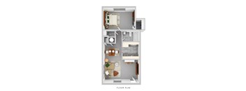A floor plan of a small apartment with a kitchen, living room, and bathroom.