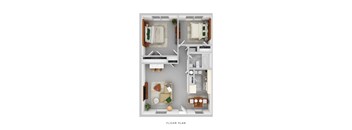 A floor plan of a small apartment with a kitchen, living room, and bathroom.