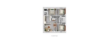 A floor plan of a small apartment with two bedrooms, a living room, a kitchen, and a bathroom.
