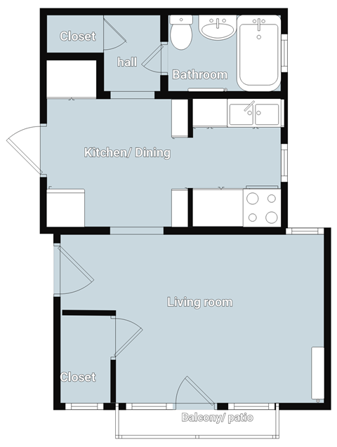 A floor plan of a house with a living room, kitchen/dining area, bathroom, and closet.