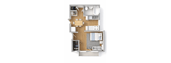 A top-down view of a small apartment with a living room, kitchen, and bathroom.