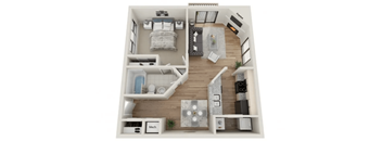 a stylized floor plan with a bedroom and a living room