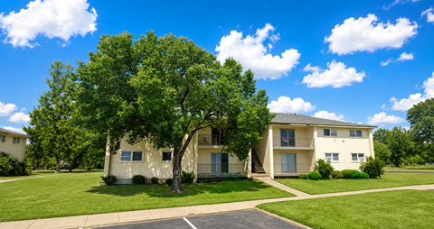 A tree in front of a building with a blue sky and clouds in the background.