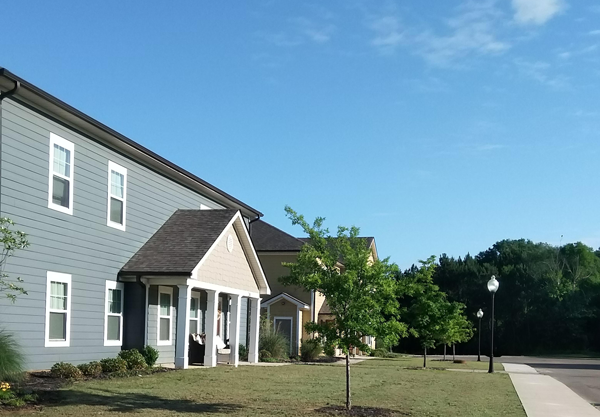 a row of houses on the side of a street