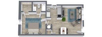 a floor plan of a one bedroom apartment with two bathrooms and a balcony at The Courts Midtown, Memphis, TN, 38104