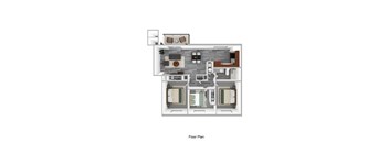 A floor plan of a house with a kitchen, living room, dining room, and two bedrooms.