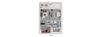A floor plan of a house with a living room, dining room, kitchen, and two bedrooms.