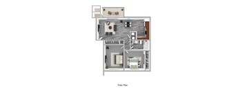 A floor plan of a house with a living room, kitchen, and bathroom.