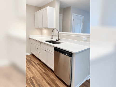 A kitchen with white cabinets and a stainless steel dishwasher.