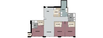 A floor plan of a house with three bedrooms, a living room, a dining room, a kitchen, a laundry room, and a bathroom.