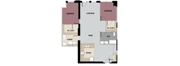 A floor plan of a two bedroom apartment with a living room, dining room, kitchen, and laundry room.