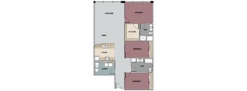 A floor plan of a house with three bedrooms, a laundry room, and a dining area.