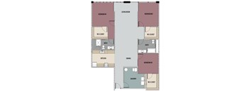 A floor plan of an apartment with three bedrooms, a kitchen, a dining area, a laundry room, and two bathrooms.
