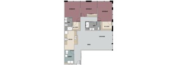 A floor plan of a house with three bedrooms, a living room, a dining room, a kitchen, a laundry room, and two bathrooms.