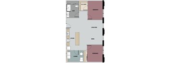 A floor plan of a small apartment with two bedrooms, a living room, a dining area, a kitchen, and a bathroom.