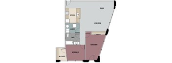 A floor plan of a living space showing a kitchen, dining area, living room, two bedrooms, a bathroom, and a laundry room.