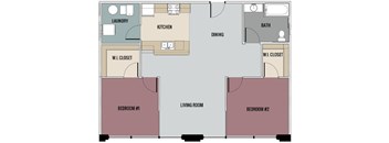 A floor plan of a two bedroom apartment with a living room, dining room, kitchen, and bathroom.