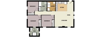 A floor plan of a house with three bedrooms, a laundry room, a kitchen, a dining room, and two bathrooms.