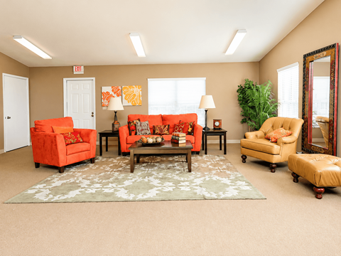 A living room with orange chairs and a rug.