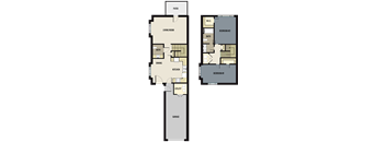 A floor plan of a house with a garage, two bedrooms, a living room, a dining area, a kitchen, and a patio.