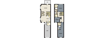 A floor plan of a house with a garage, living room, kitchen, and three bedrooms.