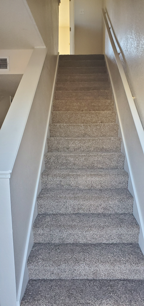 A staircase with a carpeted runner and white handrails.