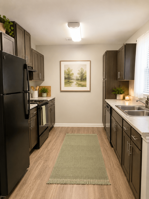 A kitchen with a black fridge and wooden floors.