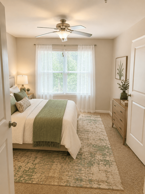 A bedroom with a bed, nightstand, and window with curtains.