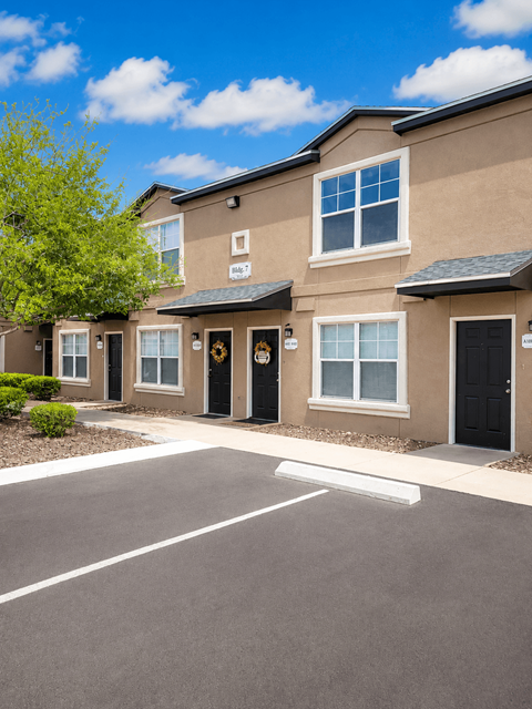 A row of houses with black front doors.