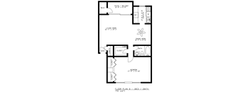A floor plan of a one bedroom apartment with a living room, dining room, bathroom and bedroom.