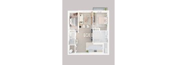 A top-down view of a small apartment with a kitchen, living room, and bathroom.