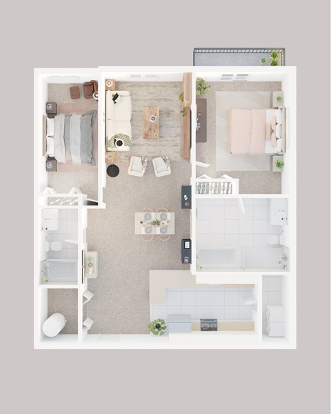 A top-down view of a small apartment with a kitchen, living room, and bathroom.